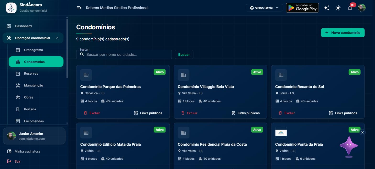 Lista de condomínios cadastrados no SindÂncora com blocos e unidades por condomínio