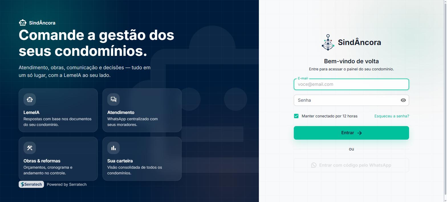 Tela de entrada do SindÂncora destacando LemeIA, atendimento, obras e carteira de condomínios